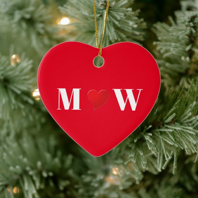 Cute red heart custom couple monogram initials ceramic ornament (Tree)