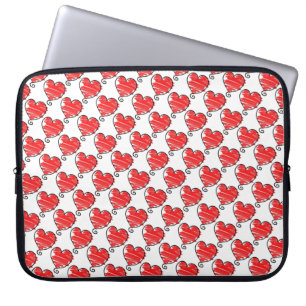 Cute Red Heart Doodles Pattern on White Laptop Sleeve