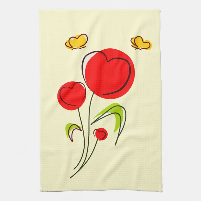 Cute Red Heart Flowers and Yellow Butterflies Kitchen Towel (Vertical)