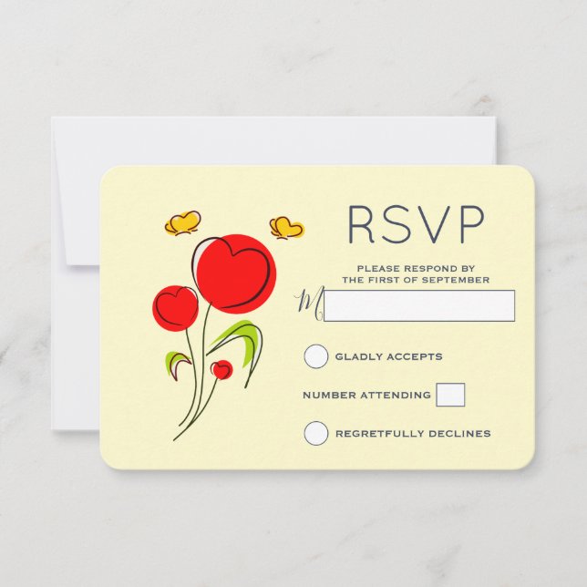 Cute Red Heart Flowers and Yellow Butterflies RSVP (Front)
