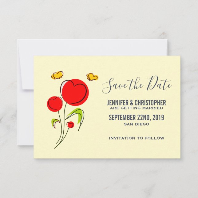 Cute Red Heart Flowers and Yellow Butterflies Save The Date (Front)
