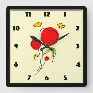 Cute Red Heart Flowers and Yellow Butterflies Square Wall Clock