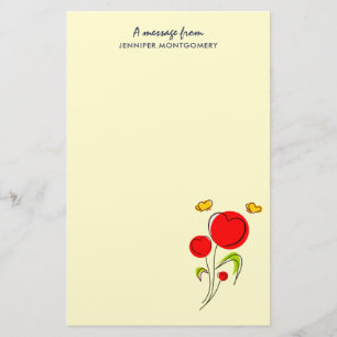 Cute Red Heart Flowers and Yellow Butterflies Stationery