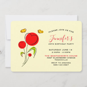 Cute Red Heart Flowers Birthday Invitation