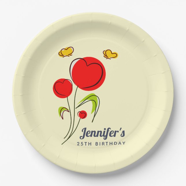 Cute Red Heart Flowers Illustration Birthday Paper Plate (Front)