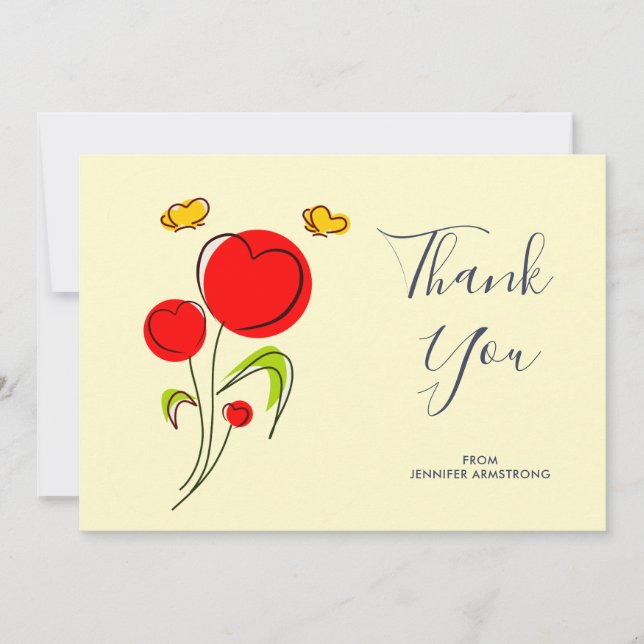 Cute Red Heart Flowers Illustration Thank You (Front)