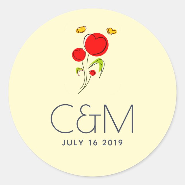 Cute Red Heart Flowers Illustration Wedding Classic Round Sticker (Front)