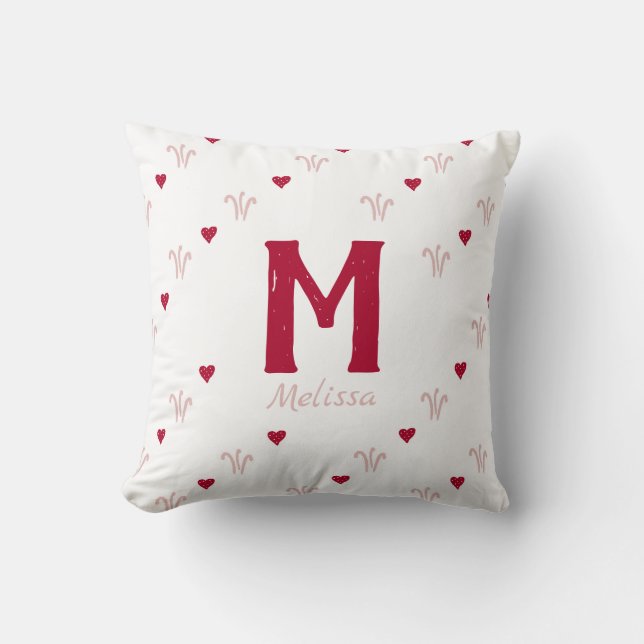 Cute Red Heart Pattern Monogram Name Throw Pillow (Front)