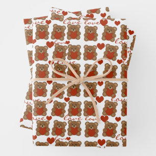 Cute Red Heart Pattern Teddy bear Valentines Day  Wrapping Paper Sheet