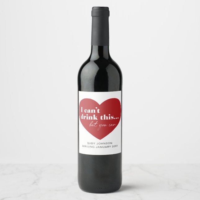 Cute Red Heart Pregnancy Faire-part Vin Étiquette (Devant)