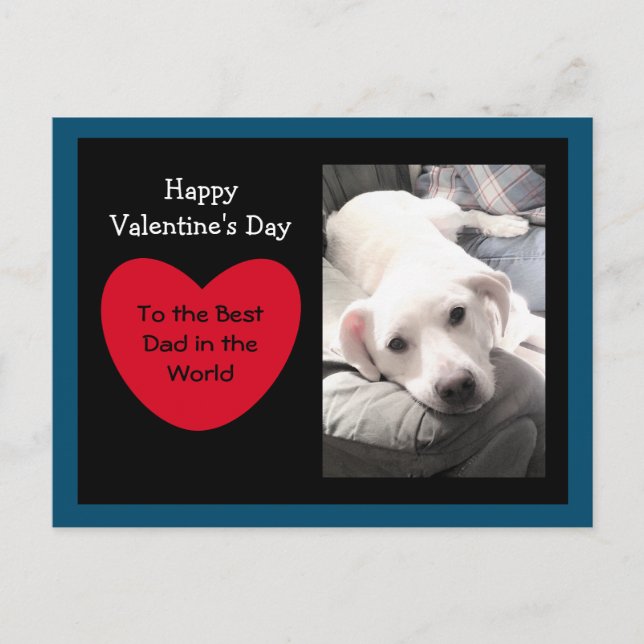 Cute Red Heart Valentine's Day White Dog Blue Postcard (Front)