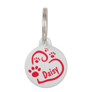 Cute Red Heart with Paw Prints and Pet Name Custom Tag