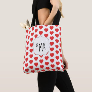Cute Red Hearts Monogram Personalized Tote Bag