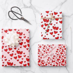 Cute Red Hearts Pattern Valentine's Day Set of 3 Wrapping Paper Sheet