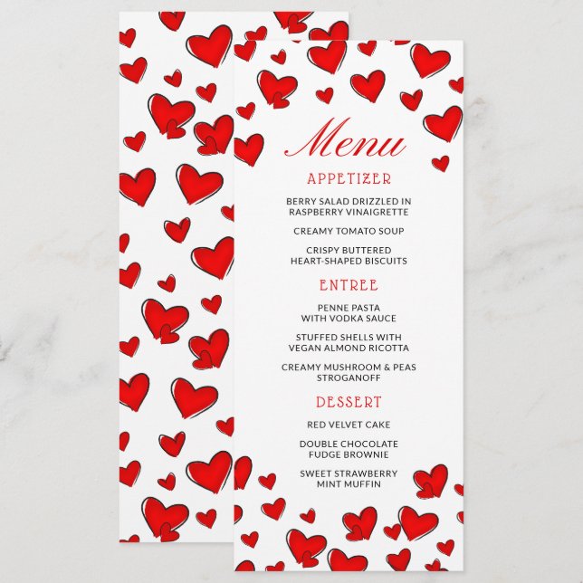 Cute Red Hearts Valentines Jour Menu (Devant / Derrière)