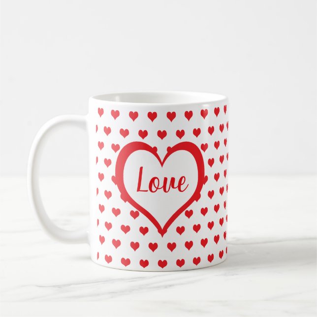 Cute Red Hearts with Red & White Hearts Monogram Coffee Mug (Left)