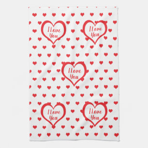 Cute Red Hearts with Red & White Hearts Monogram Kitchen Towel