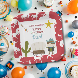 Cute Red Horse Cowboy Boy's Birthday Paper Plate