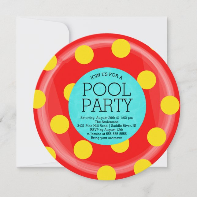 Cute Red Inner Tube Floatie Summer Pool Party Invitation (Front)