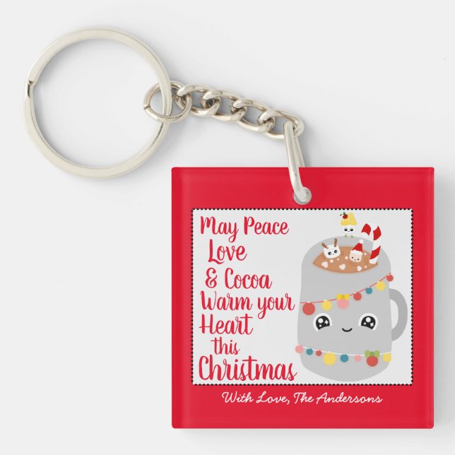 Cute Red Kawaii Cocoa Merry Christmas Custom Photo Keychain (Front)
