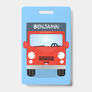 Cute red kawaii truck cartoon illustration badge