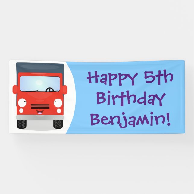 Cute red kawaii truck cartoon illustration banner (Horizontal)