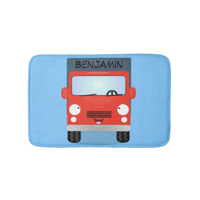 Cute red kawaii truck cartoon illustration bath mat (Front)