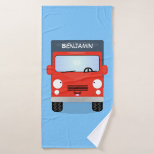 Cute red kawaii truck cartoon illustration bath towel set