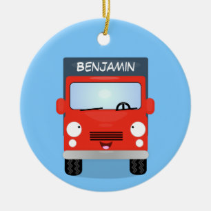 Cute red kawaii truck cartoon illustration ceramic ornament