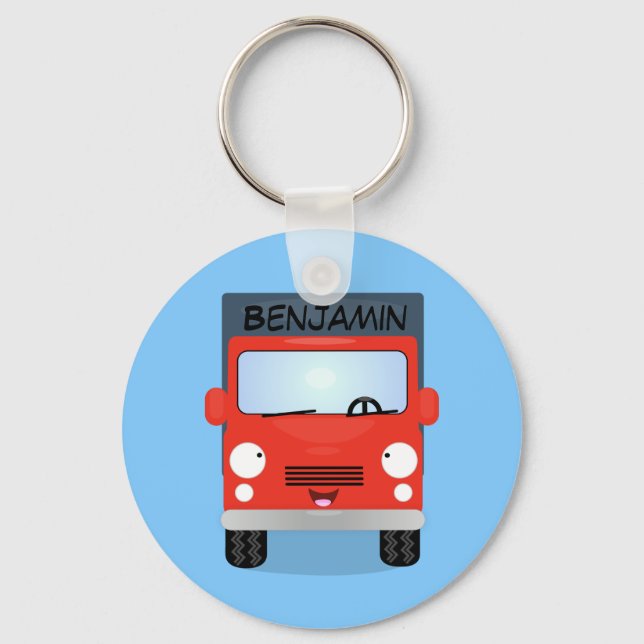 Cute red kawaii truck cartoon illustration keychain (Front)