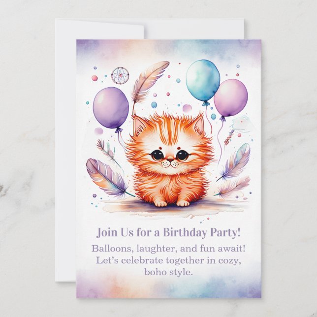 Cute Red Kitten Birthday Invitation Pastel Boho  (Front)