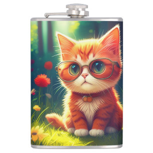 Cute Red Kitten Wearing Glasses-365478 Hip Flask
