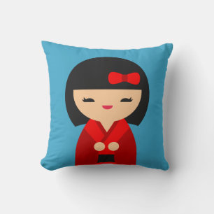 Cute Red Kokeshi Japanese dolls Throw Pillow