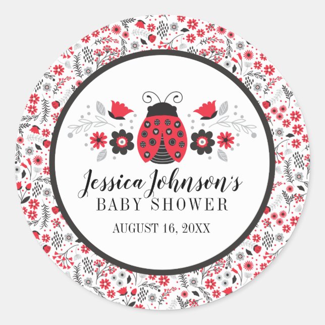 Cute Red Ladybug Baby Shower Classic Round Sticker (Front)