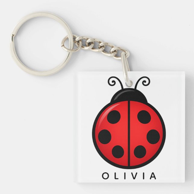 Cute Red Ladybug Custom Name Graphic Art Keychain (Front)