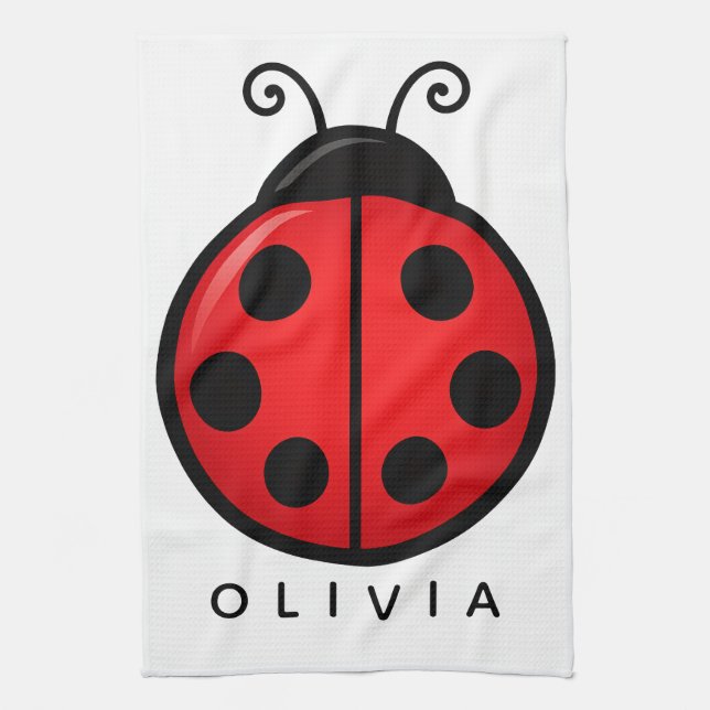 Cute Red Ladybug Custom Name Graphic Art Kitchen Towel (Vertical)