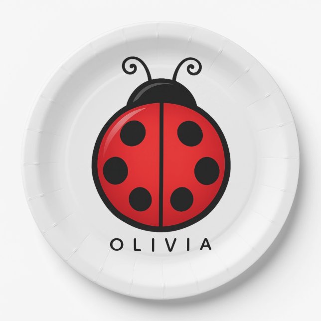Cute Red Ladybug Custom Name Graphic Art Paper Plate (Front)