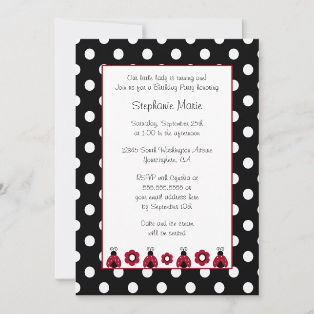 Cute red ladybug flowers birthday party invitation (Front)