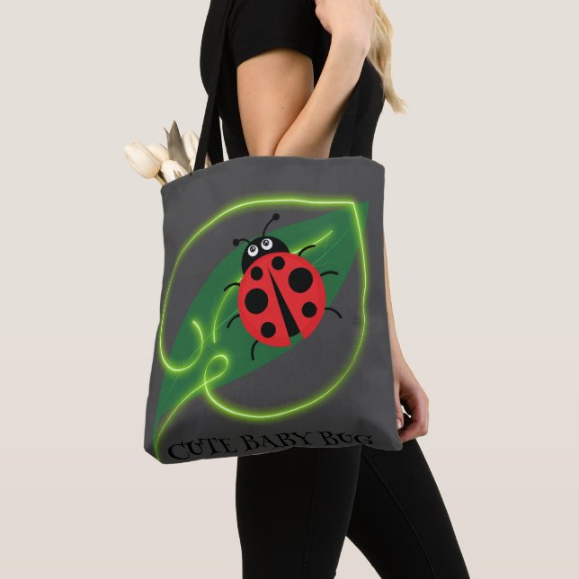 Cute Red ladybug Green Love Leaf girly kids Tote Bag (Close Up)
