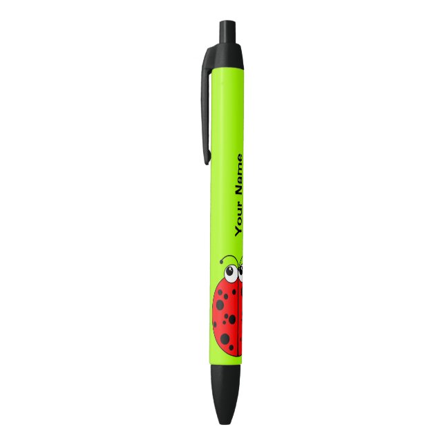Cute Red Ladybug on Green Personalized Black Ink Pen (Top (Vertical))