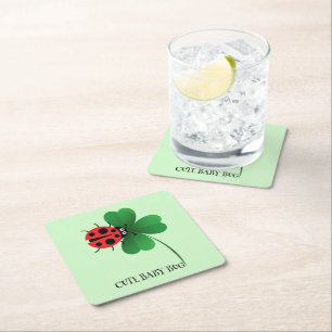 Cute red ladybug on Lucky leaf Kids Square Paper Coaster