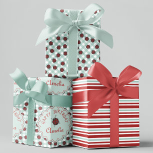 Cute Red Ladybug Personalized Kids Birthday Wrapping Paper Sheet