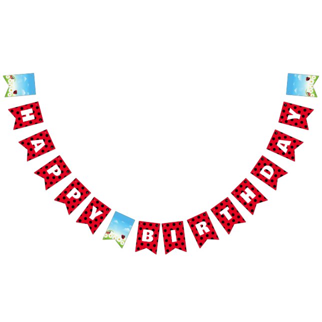 Cute Red Ladybug Polka dot Daisy Flower Birthday Bunting Flags (All)