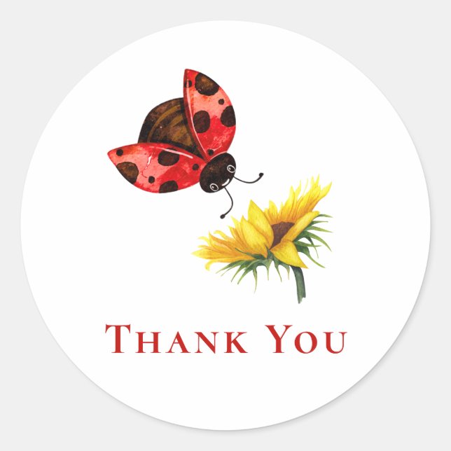 Cute Red Ladybug Sunflower Thank You Classic Round Sticker (Front)