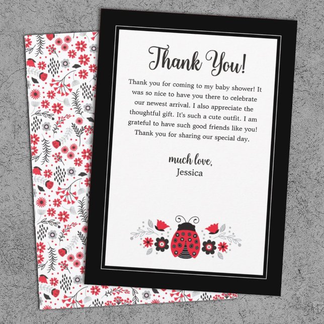 Cute Red Ladybug Thank You Card (A cute ladybug baby shower thank you card featuring a ladybug, and flowers.)