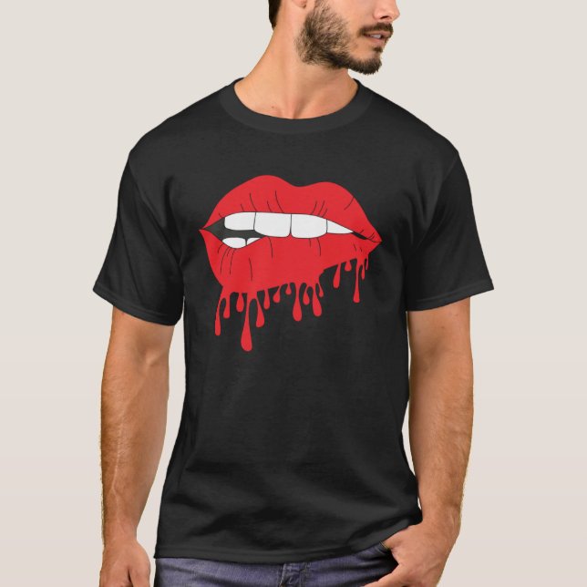Cute Red Lips Bite Biting Hot Desiring Temptation  T-Shirt (Front)