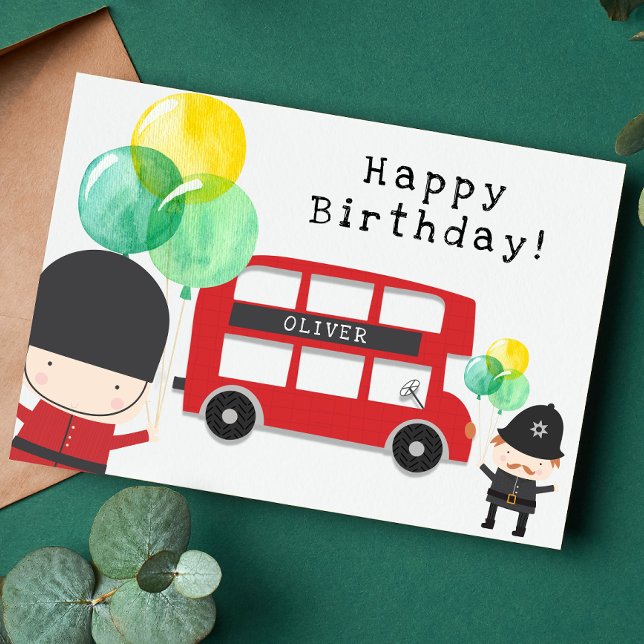 Cute Red London Bus Theme Kids Birthday Card (Creator Uploaded)