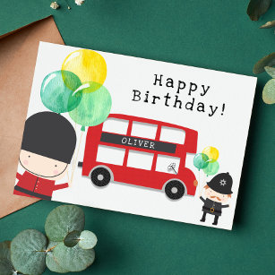 Cute Red London Bus Theme Kids Birthday Card
