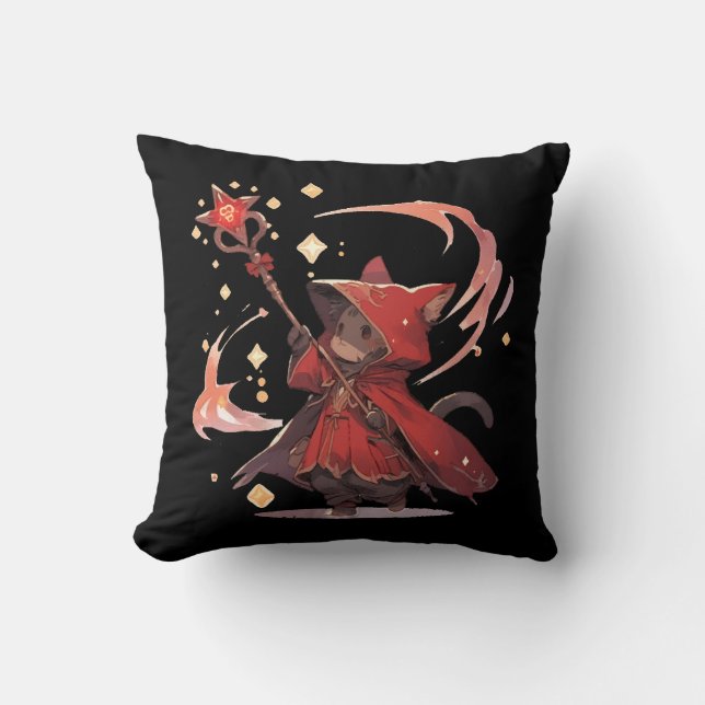 Cute Red Mage Cat Hero Throw Pillow (Front)