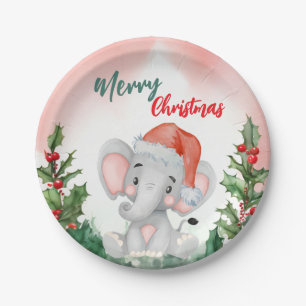 Cute Red Merry Christmas Elephant Santa Xmas party Paper Plate